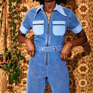 Denim Zip-up Flare Jumpsuit UK 12 L/ US 8 L